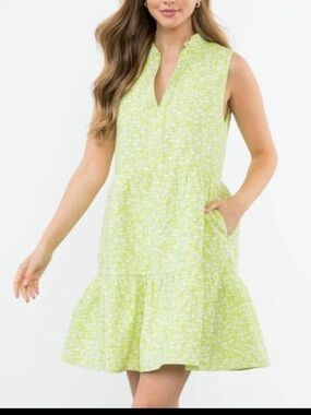 THML Lime Green Sleeveless Tiered Floral Dress